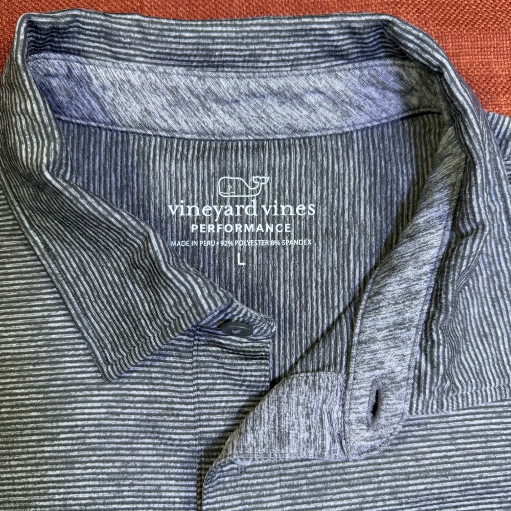 Vineyard Vines Performance Polo Shirt Mens Large L Gray Stripes Q2 Logo Golf - Picture 10 of 12